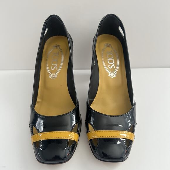 Tod's Women Black Yellow Band Patent Leather Square Toe Cut Out Heels 36 / 6 - Picture 2 of 13
